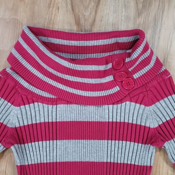 💚Pink Rose Gray & Pink Striped Button Cowl Neck 3/4 Sleeve Sweater Large - Picture 7 of 13